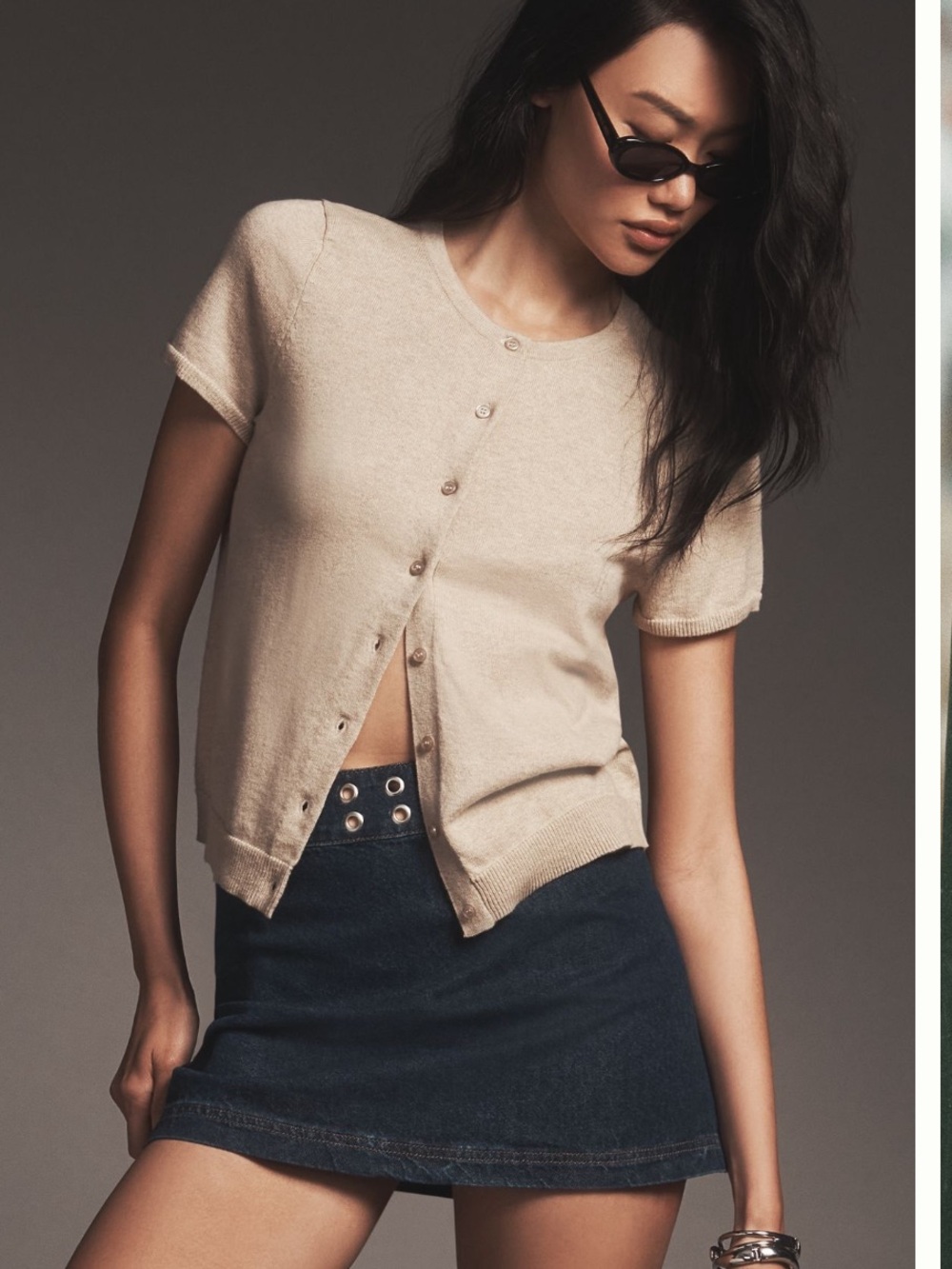 Anthropologie Beige Short-Sleeve Button Front cotton cashmere knit cardigan